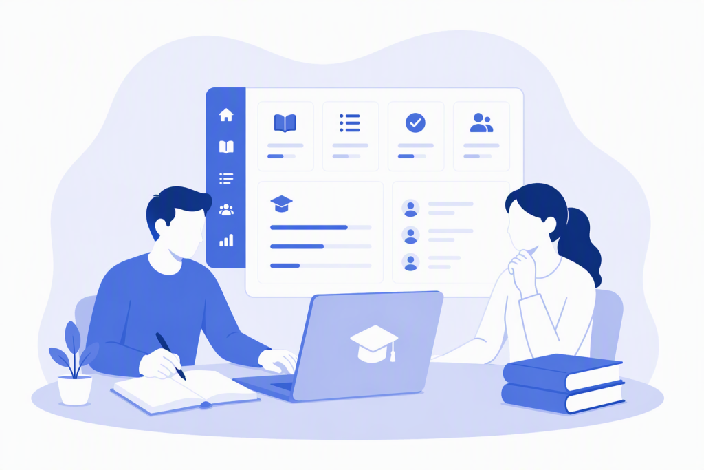 Illustration of two learners using the ABELDent LMS, with a laptop, books, and a dashboard displaying course progress, lessons, quizzes, and user activity, representing collaborative online learning and skills development.