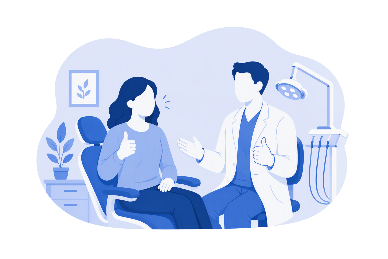 Dentist and patient giving thumbs up during a consultation in a dental treatment room, representing a positive patient experience and satisfaction.