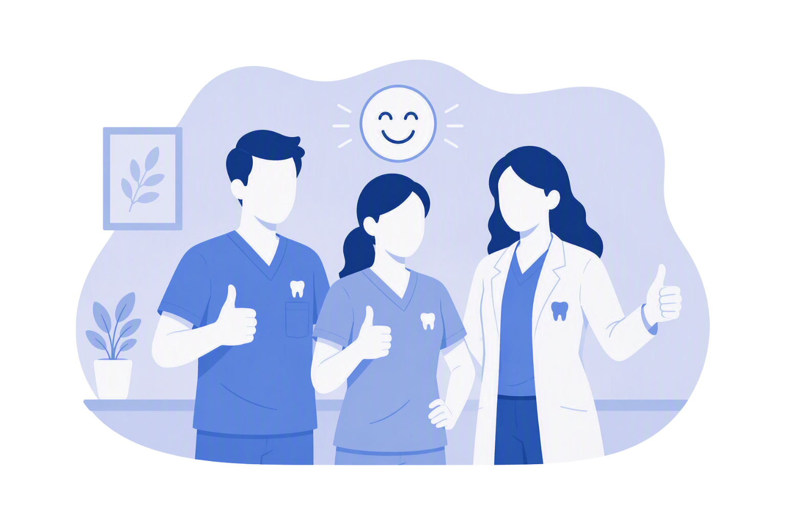 Three dental team members standing together with thumbs up beneath a smiley icon, representing a positive and engaged workplace.