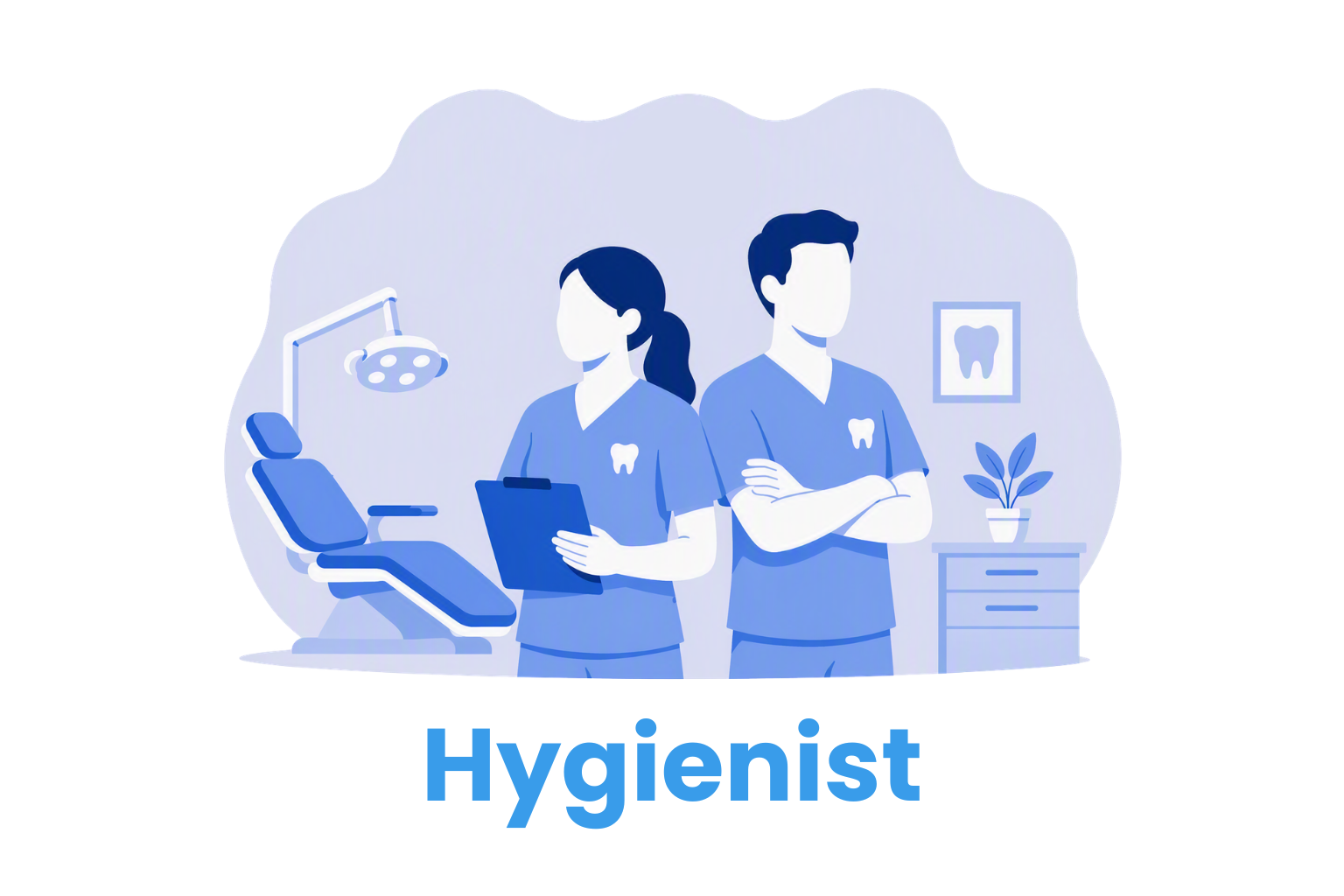 Illustration of two dental hygienists standing in a dental operatory with a treatment chair, overhead light, and cabinet in the background. On-screen text reads: "Hygienist"