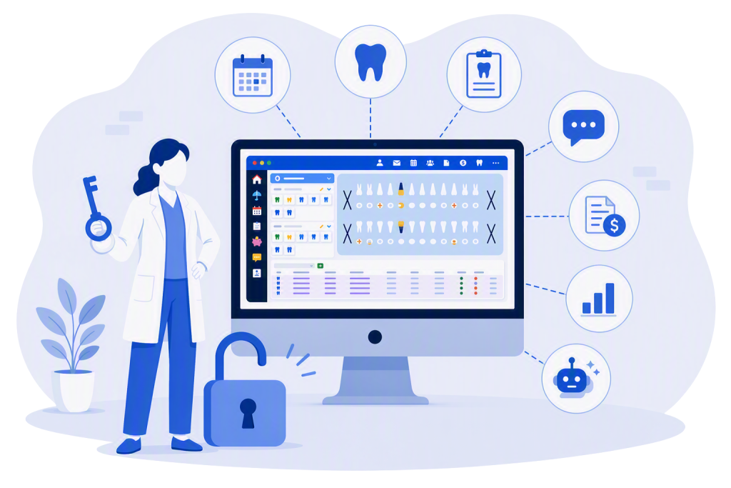 Dental professional holding a key beside the ABELDent software dashboard, with connected icons representing scheduling, charting, treatment planning, patient communication, billing, reporting, and AI-powered tools. An unlocked padlock symbolizes access to the full capabilities of ABELDent.