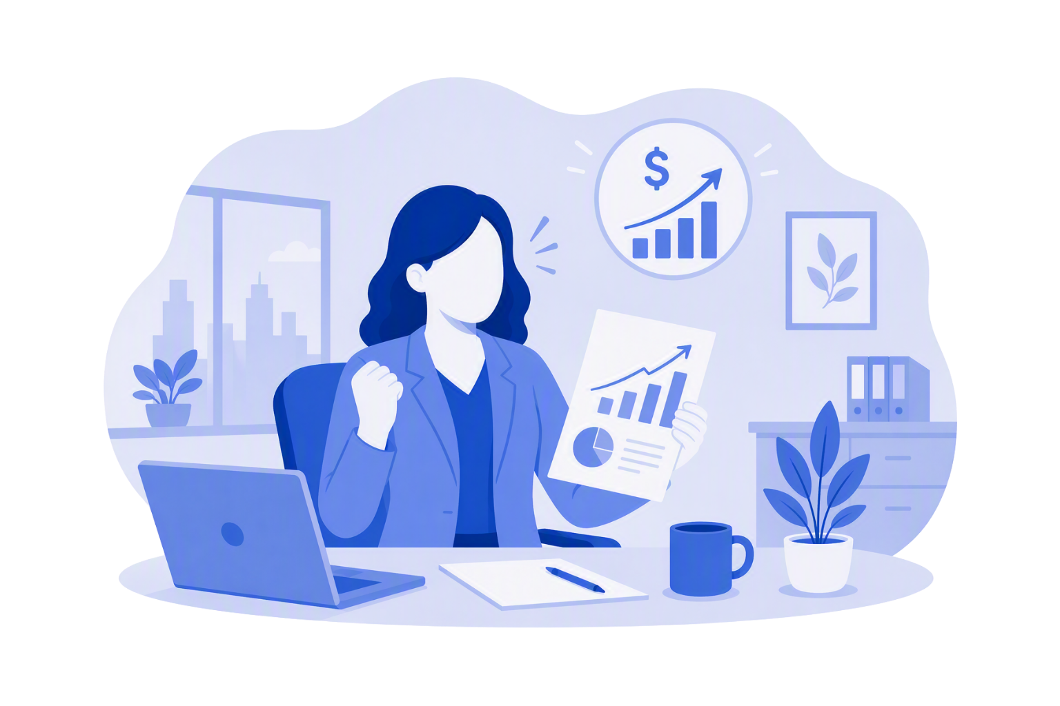 Practice manager reviewing financial reports in an office, with charts showing revenue growth and increasing productivity.