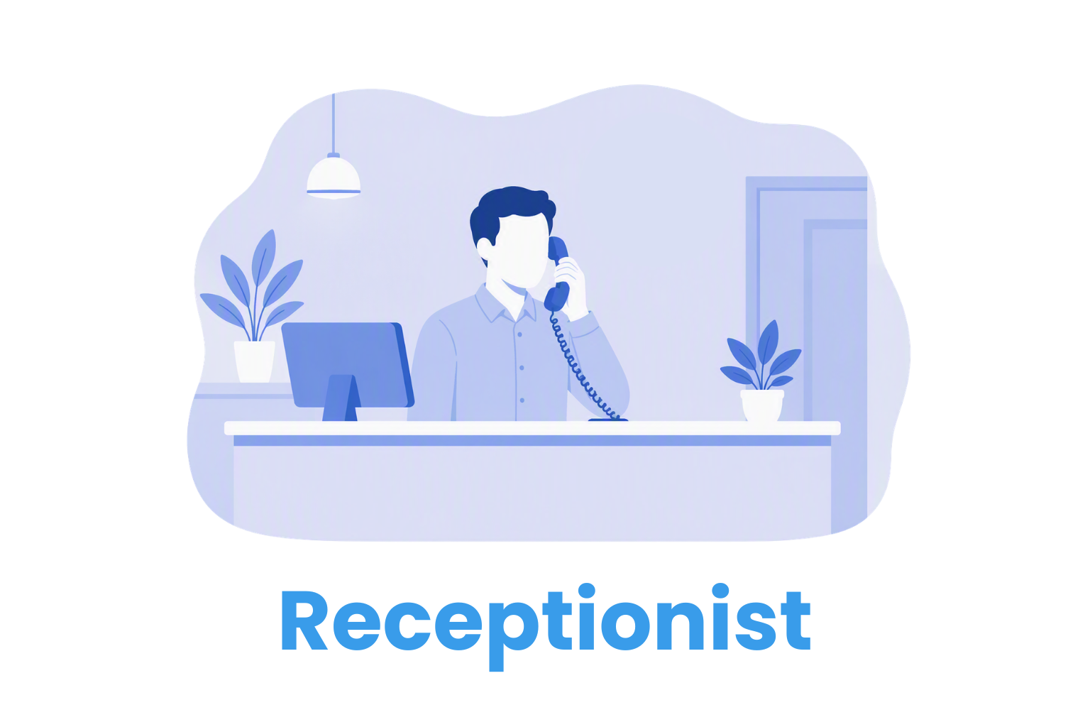 Illustration of a receptionist answering a phone call at a dental office front desk with a computer and plants nearby. On-screen text reads: "receptionist"